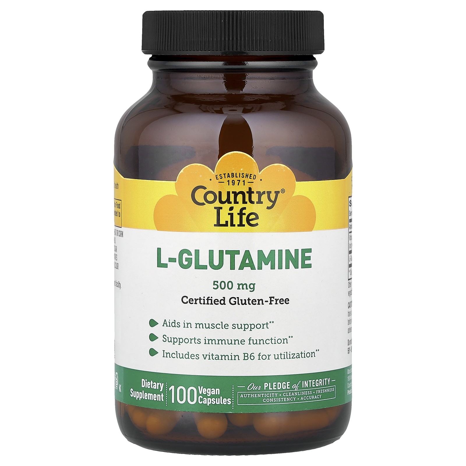 Country Life L-Glutamine Caps 500 mg 100 Vegan Caps Gluten-Free, GMP Quality