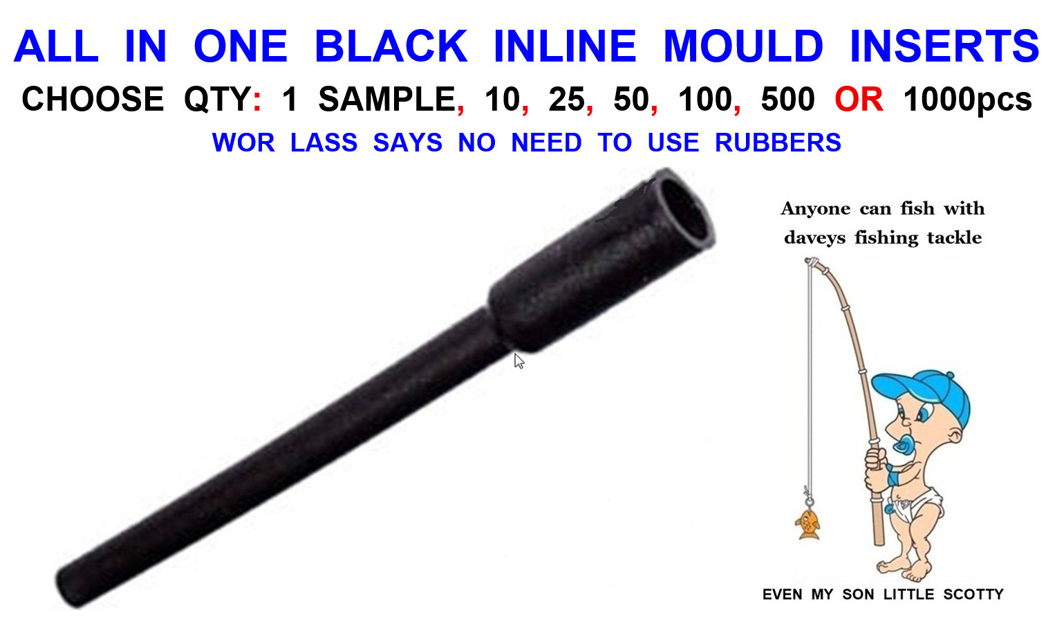 ALL IN ONE BLACK INLINE MOULD INSERTS FOR CARP FISHING DUMPY DICE PEAR FLAT PEAR