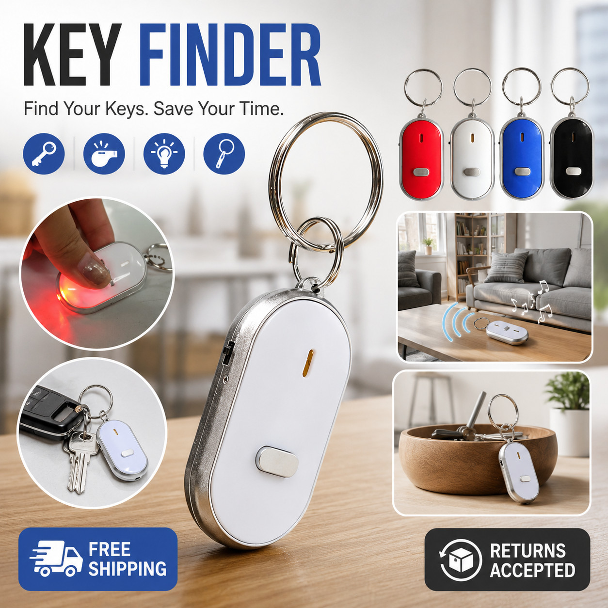 Mini Whistle Key Finder Anti Lost Locator Beeping Flashing Key Bag Wallet Tag