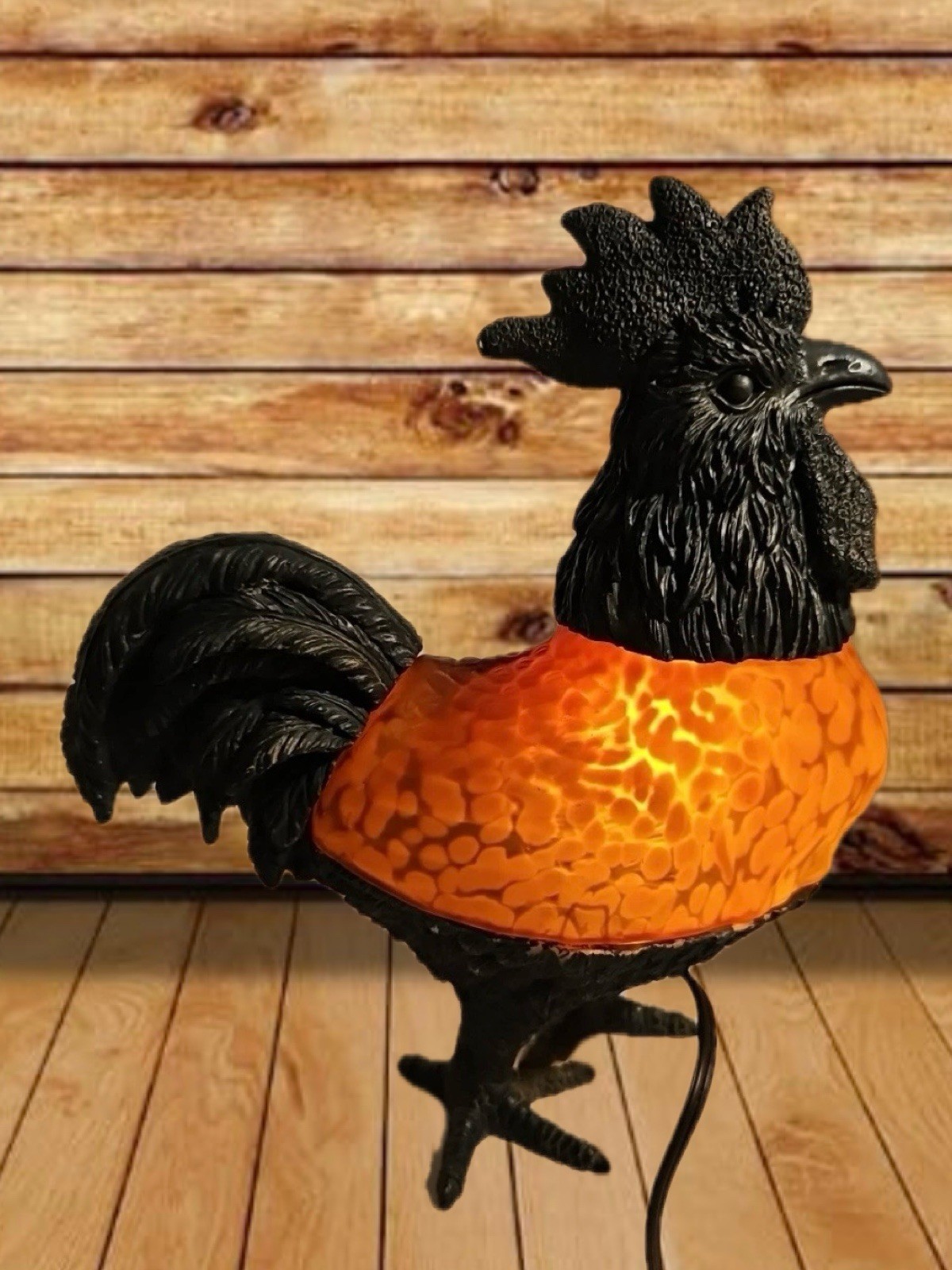 NIB Metal ~ Rooster Shaped ~ Amber Glass Shade ~Vintage Table / Desk Lamp 10”