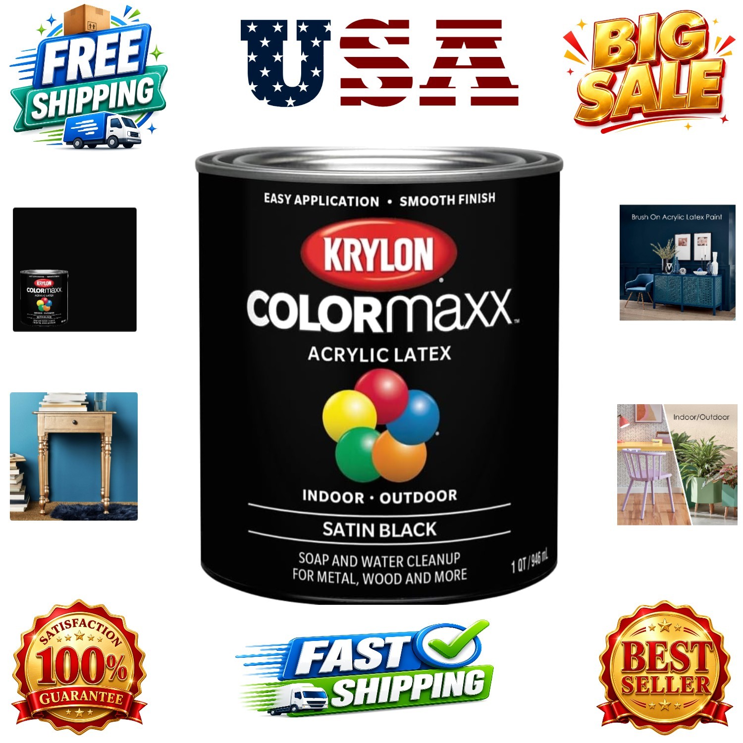ColorMaxx Satin Interior/Exterior Acrylic Latex Paint, Black, 1 Qt. - 1 Each