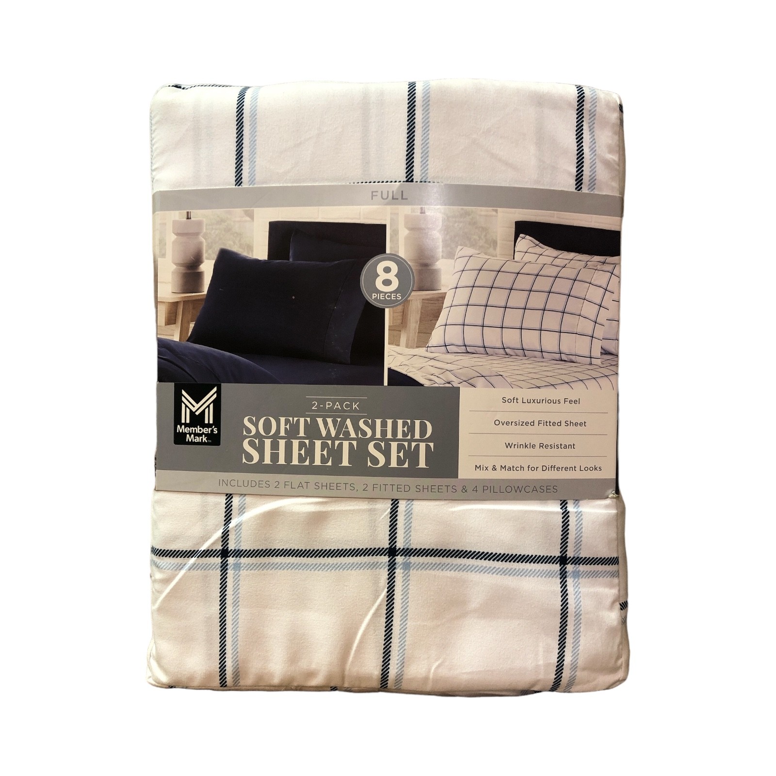 Member's Mark 8-Piece Soft Washed Sheet 2 Pack (Navy, White/Blue Plaid, Full)