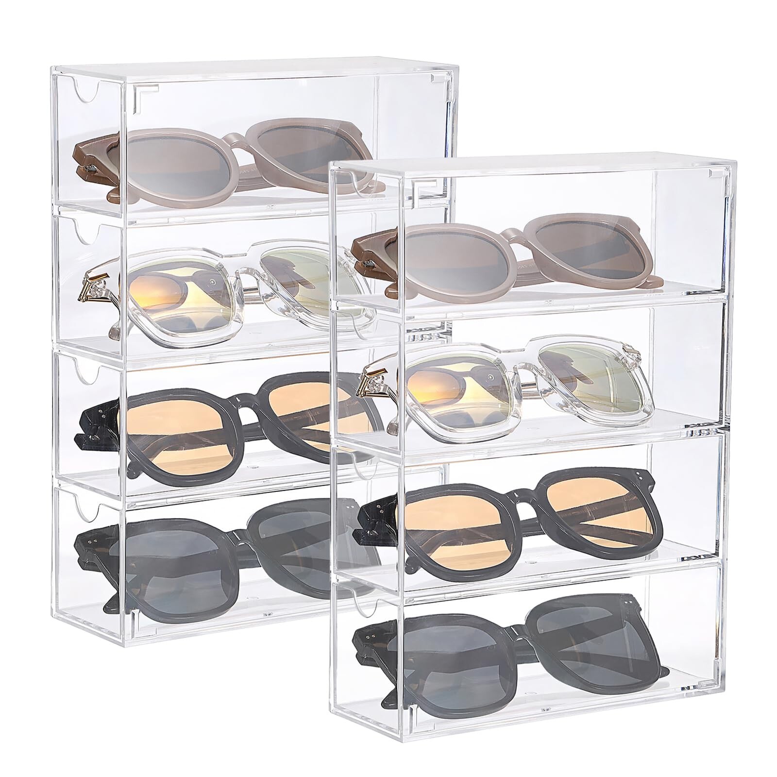Hipiwe 2 Packs Acrylic Sunglasses Organizer with 4 Drawers Clear Eyeglass Cas...