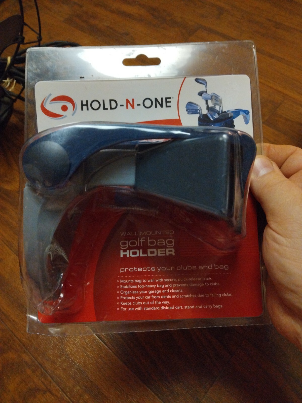 HOLD-N-ONE Wall Mounted Golf Bag Holder Protects Clubs EASY IN OUT RELEASE QUICK