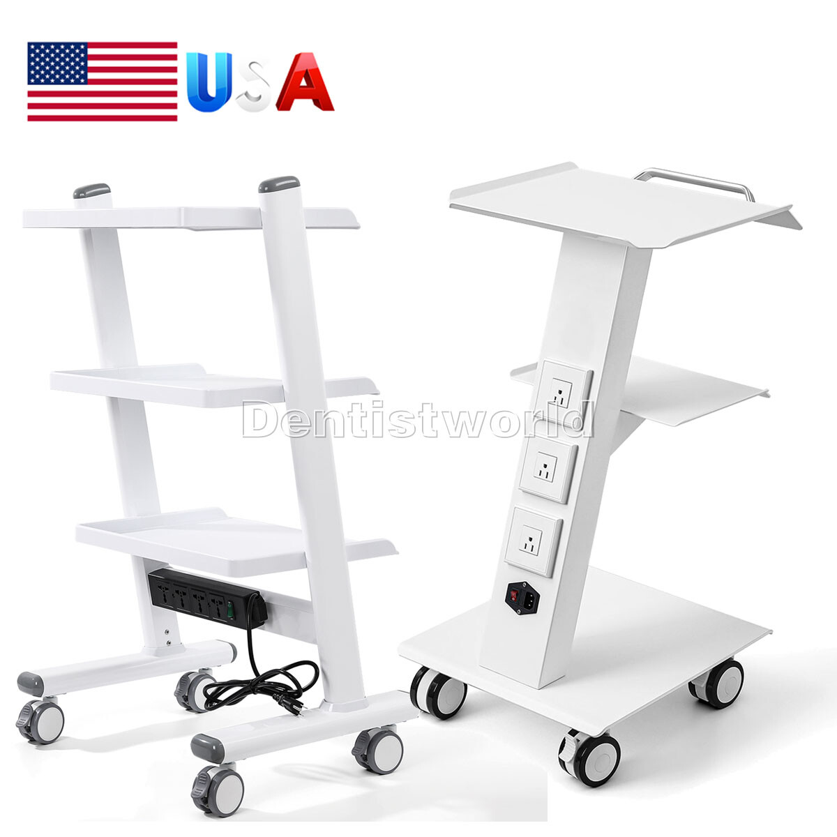 Dental Trolley Built-in Socket Mobile Cart Double Castors Medical Tool 3-Layer
