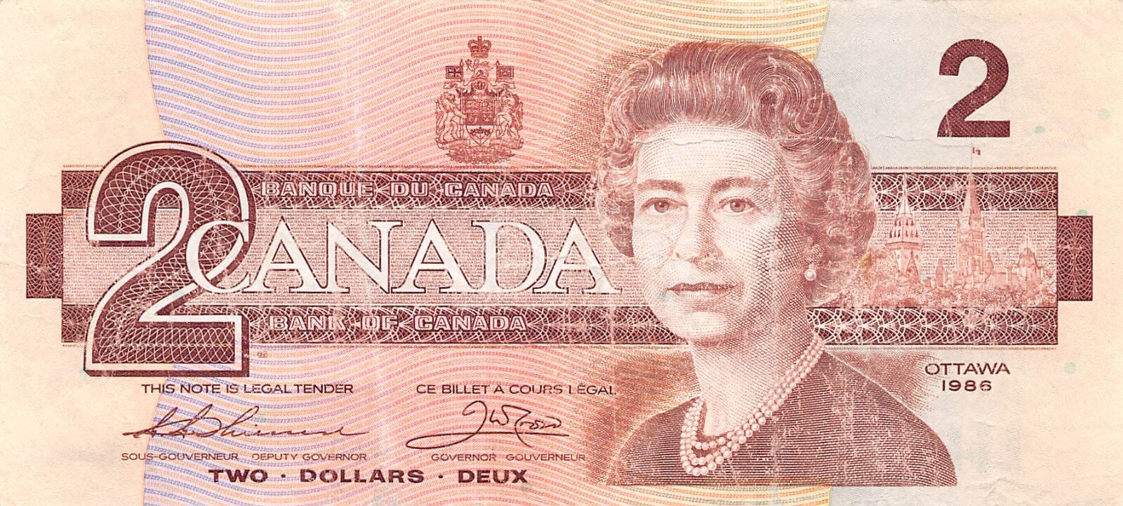Canada $2 1986 Series BUN Que. II Circulated Banknote Top1