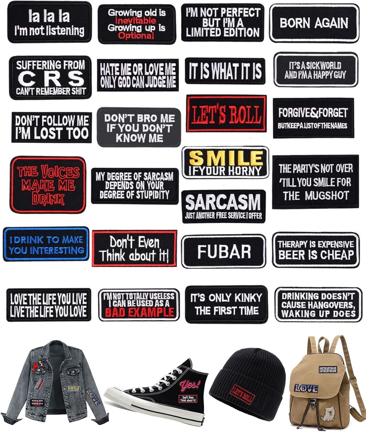 25x Assorted Iron-On Word Patches for Biker Vests Jackets Backpacks Jeans Caps