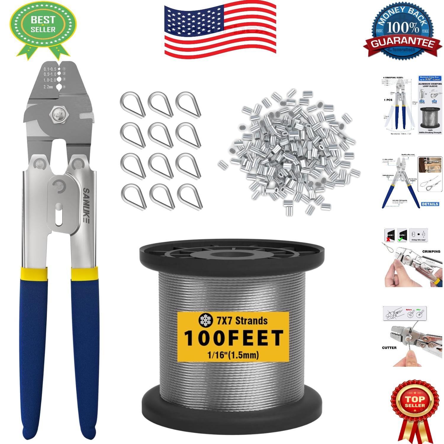 Wire Rope Crimping Tool Kit: 100FT 1/16" Stainless Steel Cable for DIY Projects