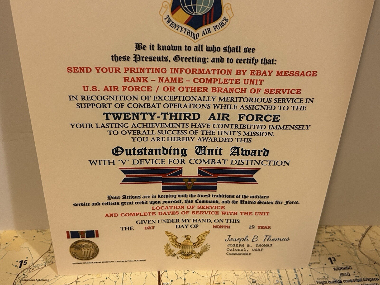 U.S. AIR FORCE / 23RD AIR FORCE - OUTSTANDING UNIT AWARD W/V DEVICE CERTIFICATE