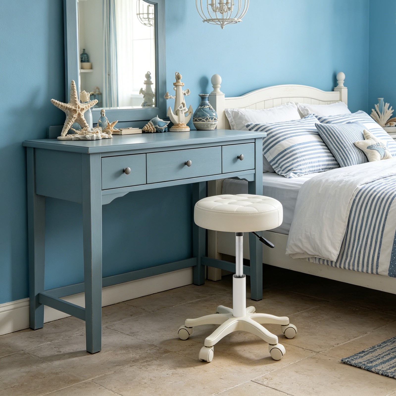 PU Leather Round Rolling Stool with Wheels, Height Adjustable Bar Stool