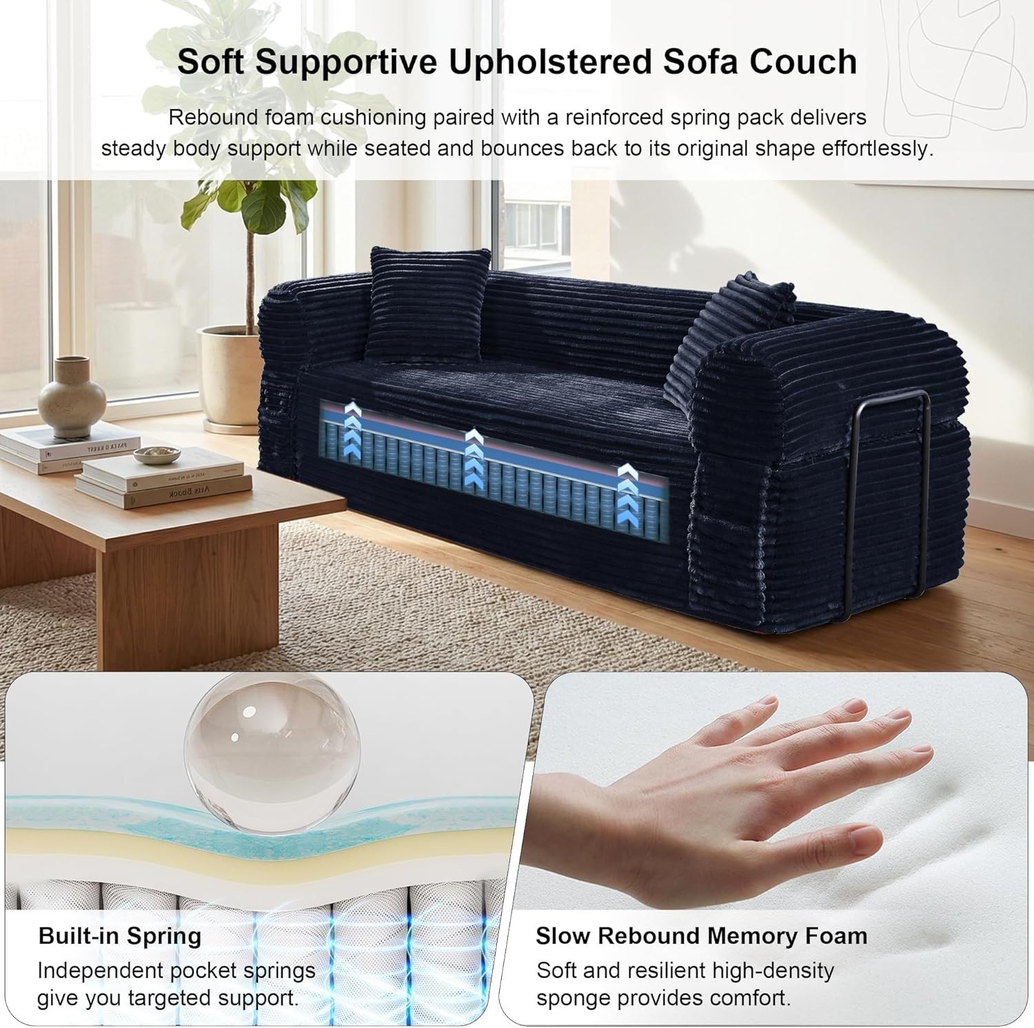 Boneless Convertible Couch Corduroy Sofa with 2 Pillows + Removable Backrest