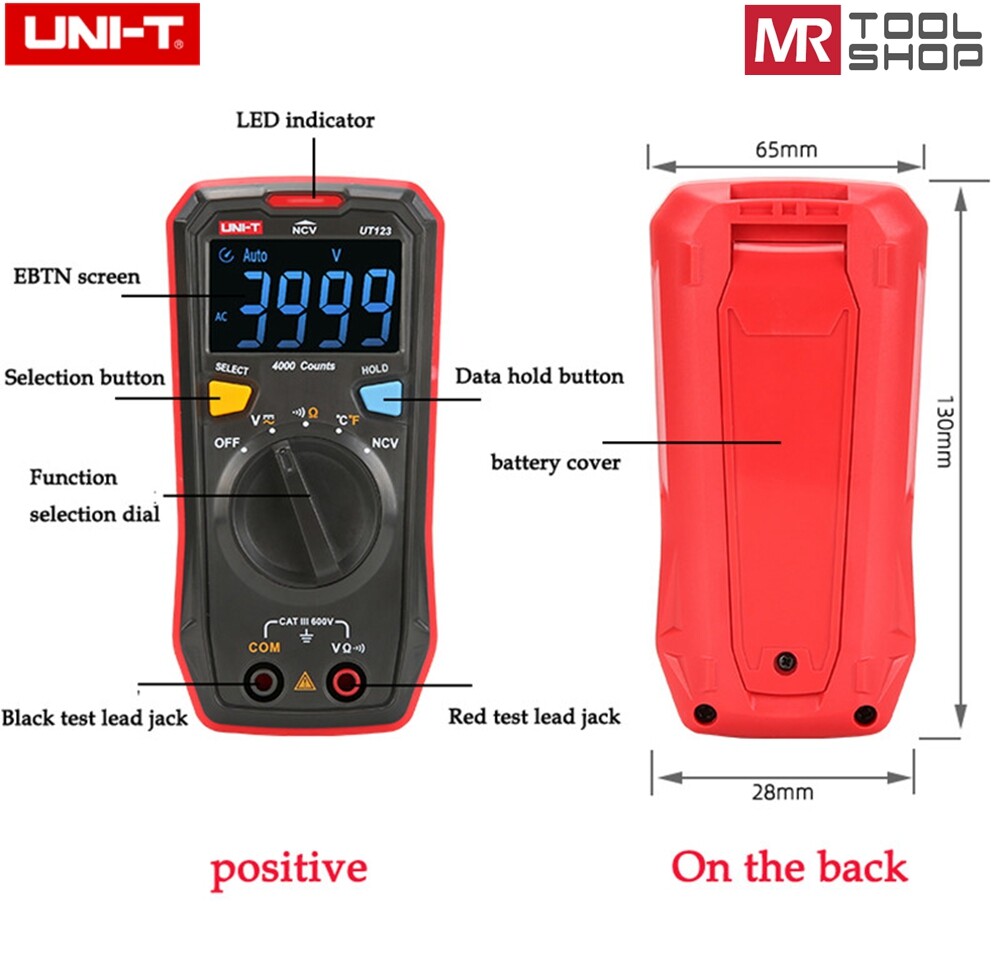 Uni-T UT123 Mini Digital multimeter AC Voltmeter Ohmmeter Temp NCV Tester EBTN