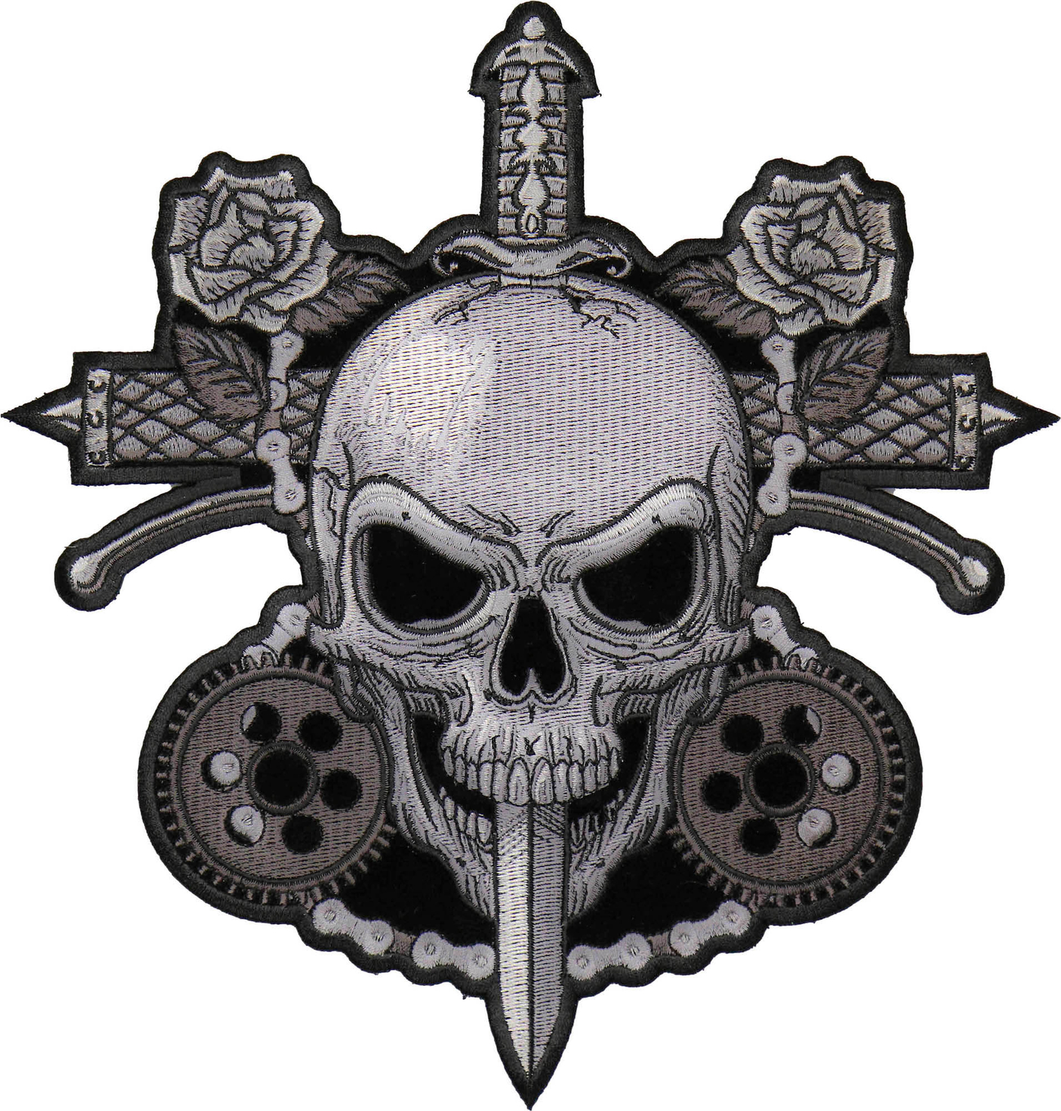 Large Back Patch (Iron-On/Sew-On), Skull And Roses Large Back Patch, 9.6" x 10"