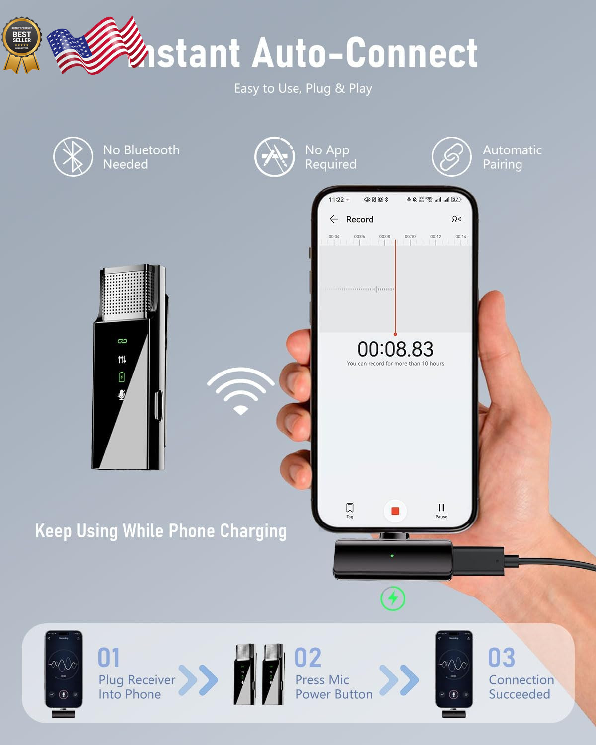 4 Wireless Lavalier Microphone Pro Lapel Mic System Usb-C/Lightning 48Khz 24Bit