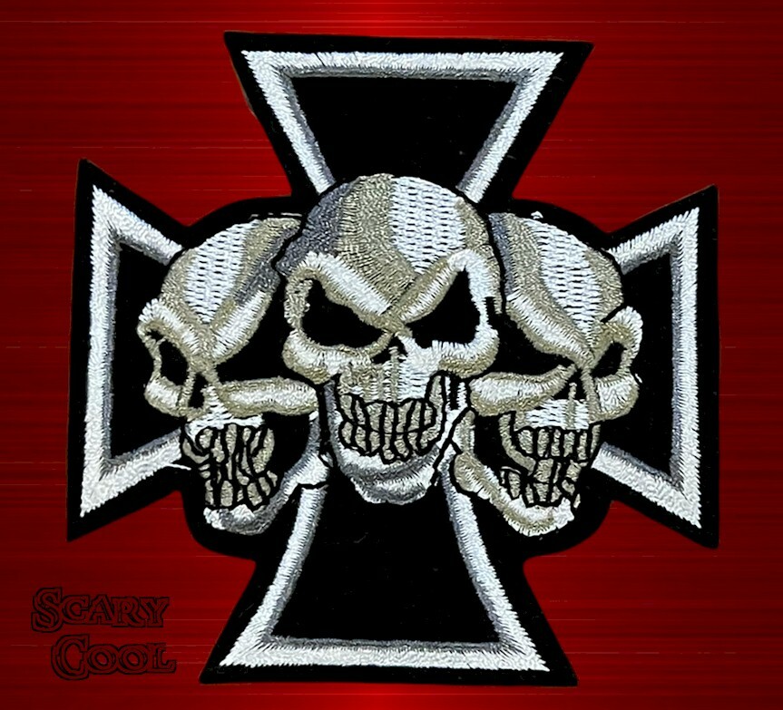 New Iron Cross 3 Skulls  Flames Embroidered Motorcycle Biker Iron On Patch