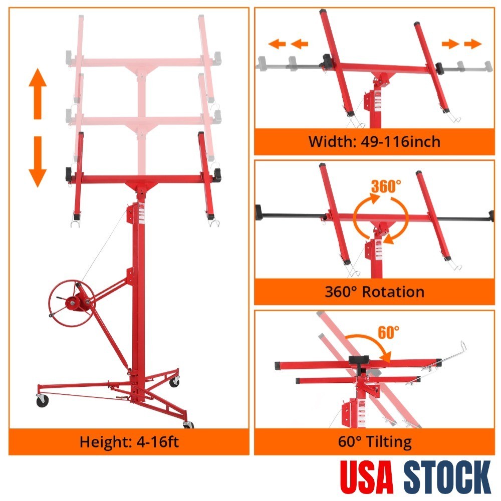16FT Drywall Lift 150LBS Heavy Duty Panel Sheetrock Hoist Lifter Carrier Holder