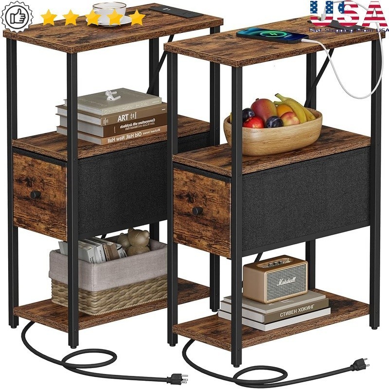 End Table Charging Station Nightstand USB Type C Fabric Drawer Storage Shelves