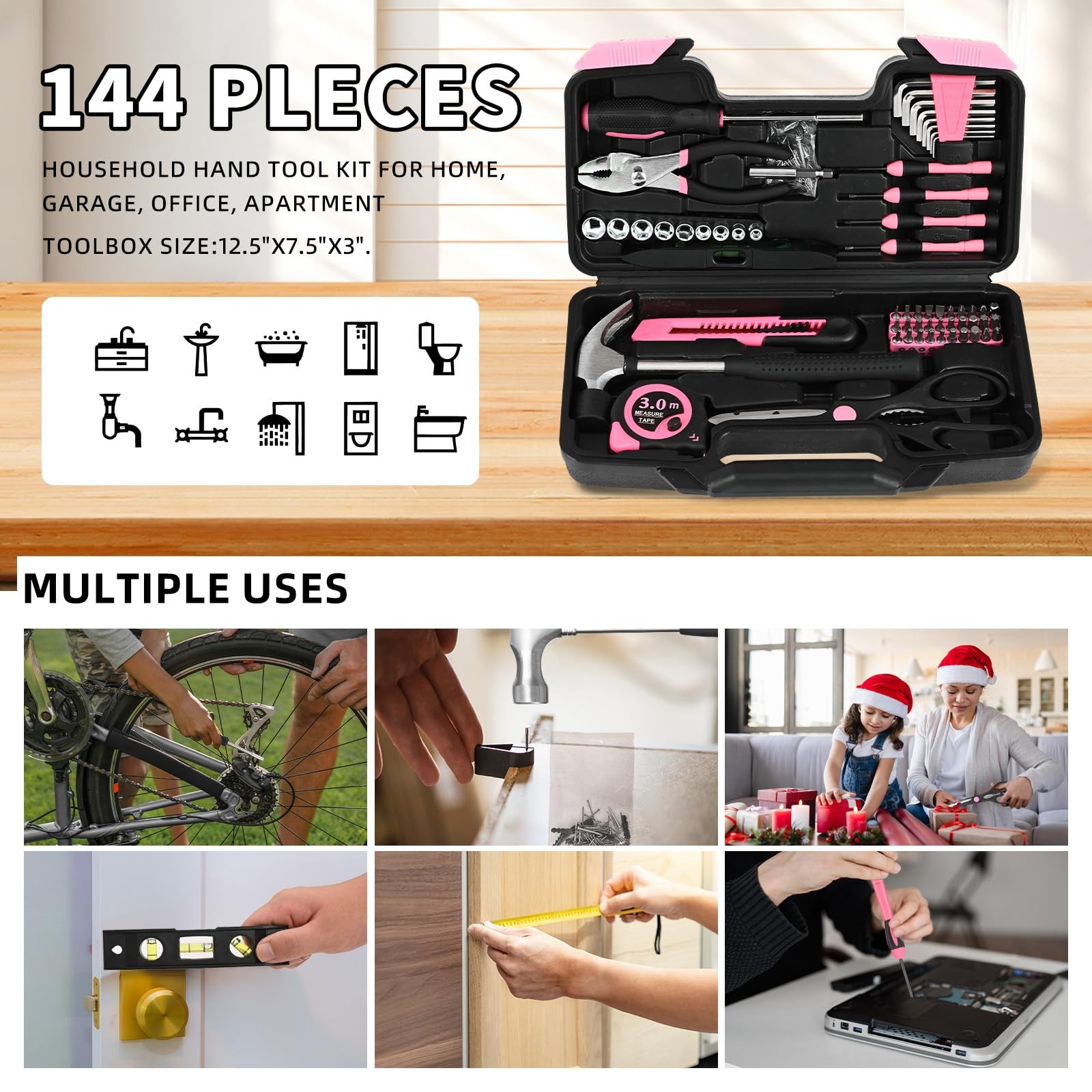 144-Piece Pink Tool Kit Basic Home Repair Tool Set General Household Hand Too...