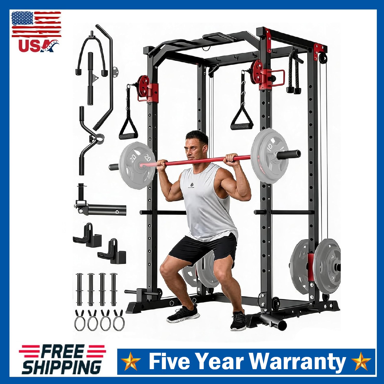 Power Cage Power Rack with LAT Pull Down & Cable Crossover Workout for Home Gym