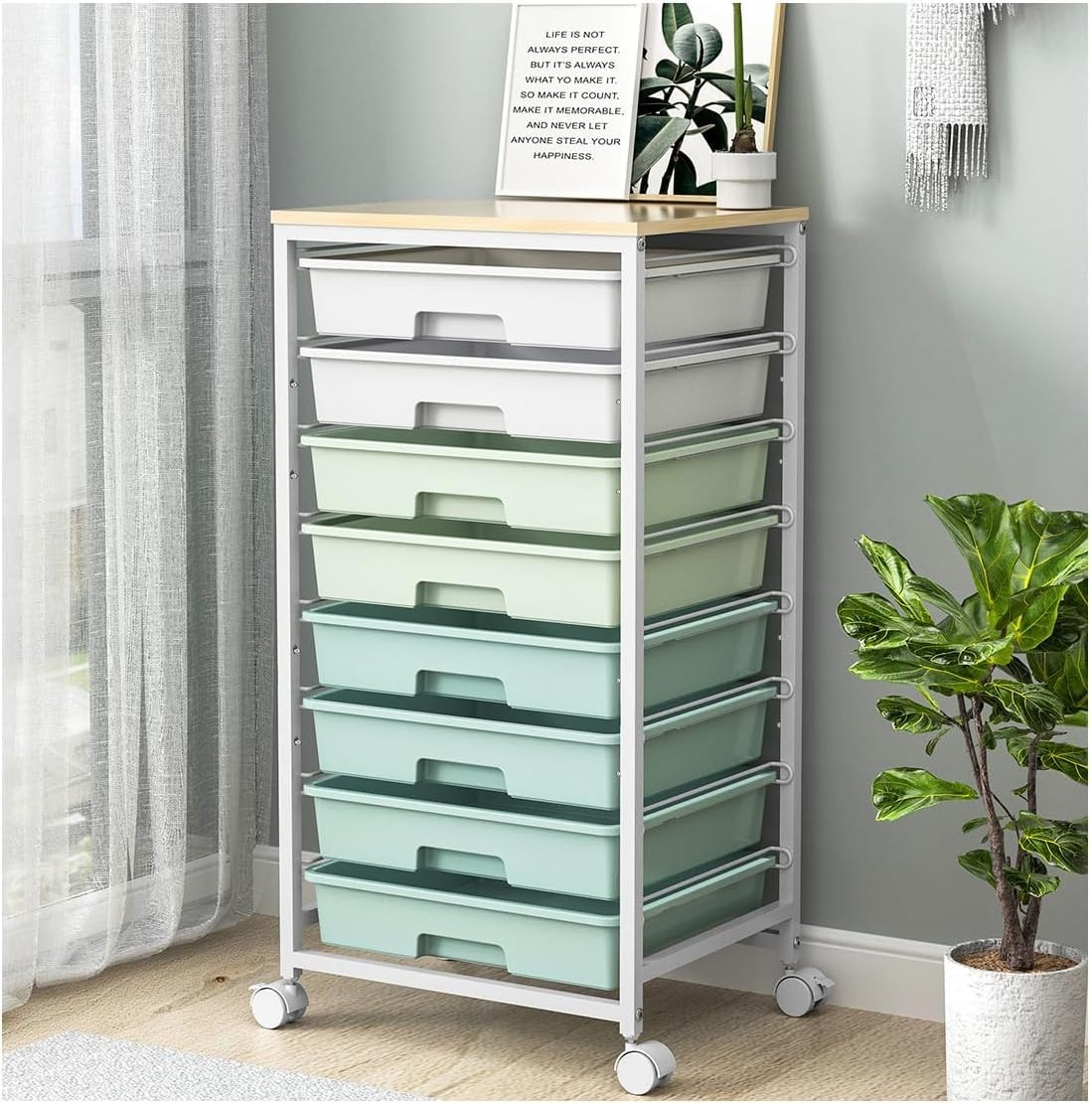Durable Green Utility Cart with Wooden Top and 8 Drawers for Creative Spaces