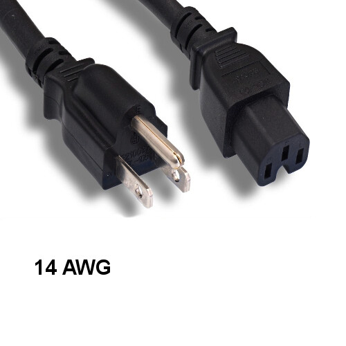 3' Black Power Cord NEMA 5-15P to IEC-60320 C15 14AWG 15A/125V SJT Data Center