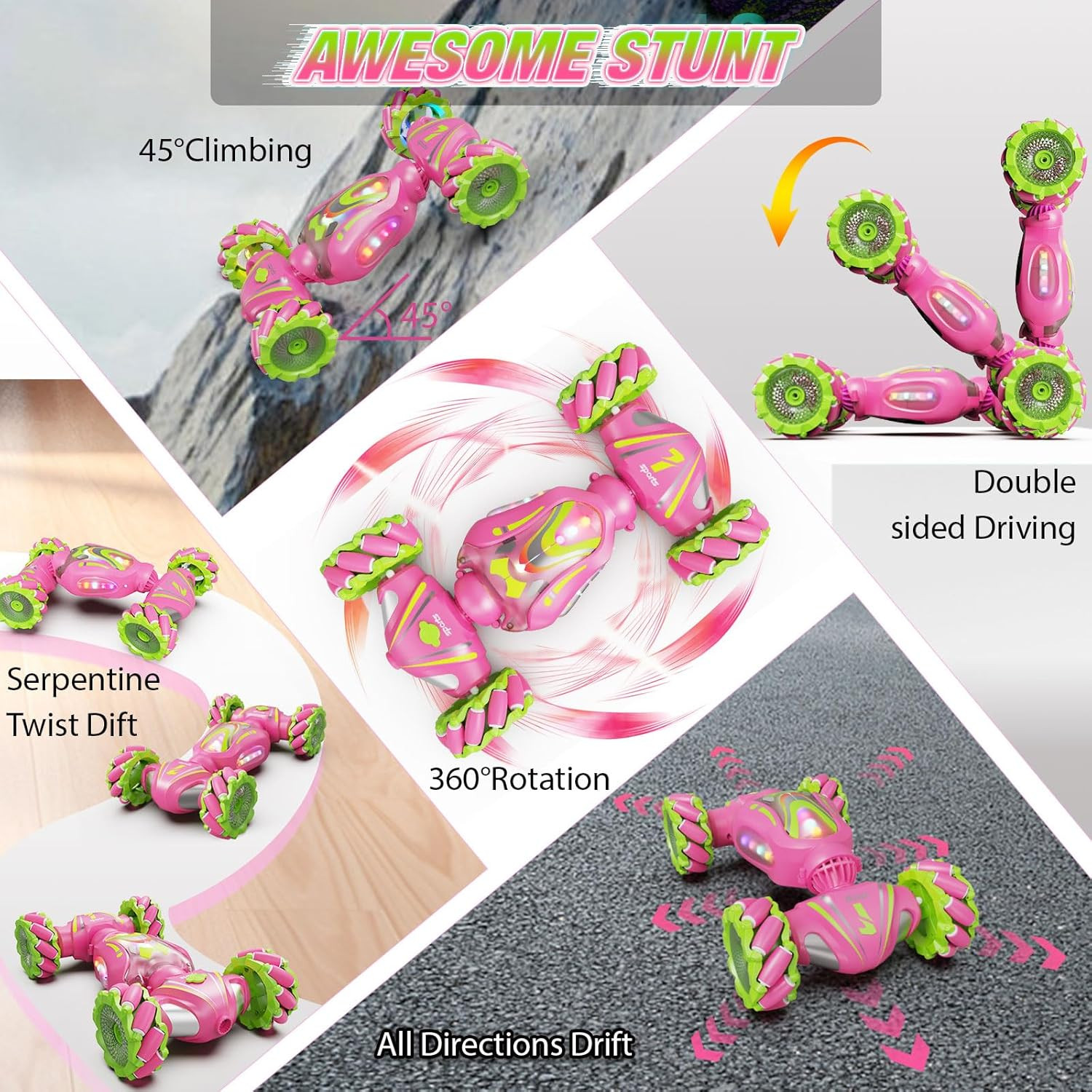 Remote Control Car, Pink RC Cars for Girls, Gesture Stunt with Light & Music, 4W