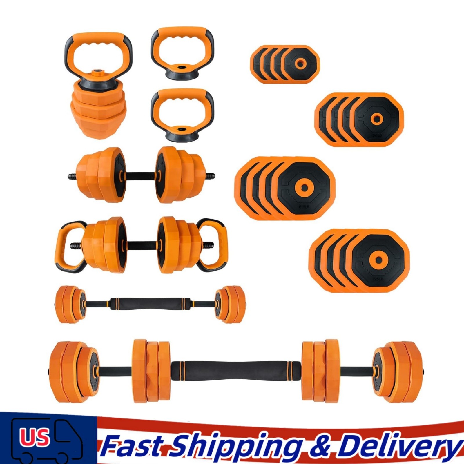 4 in 1 44LBS Adjustable Weight Dumbbell Set Barbell Kettlebell Home Gym Fitness