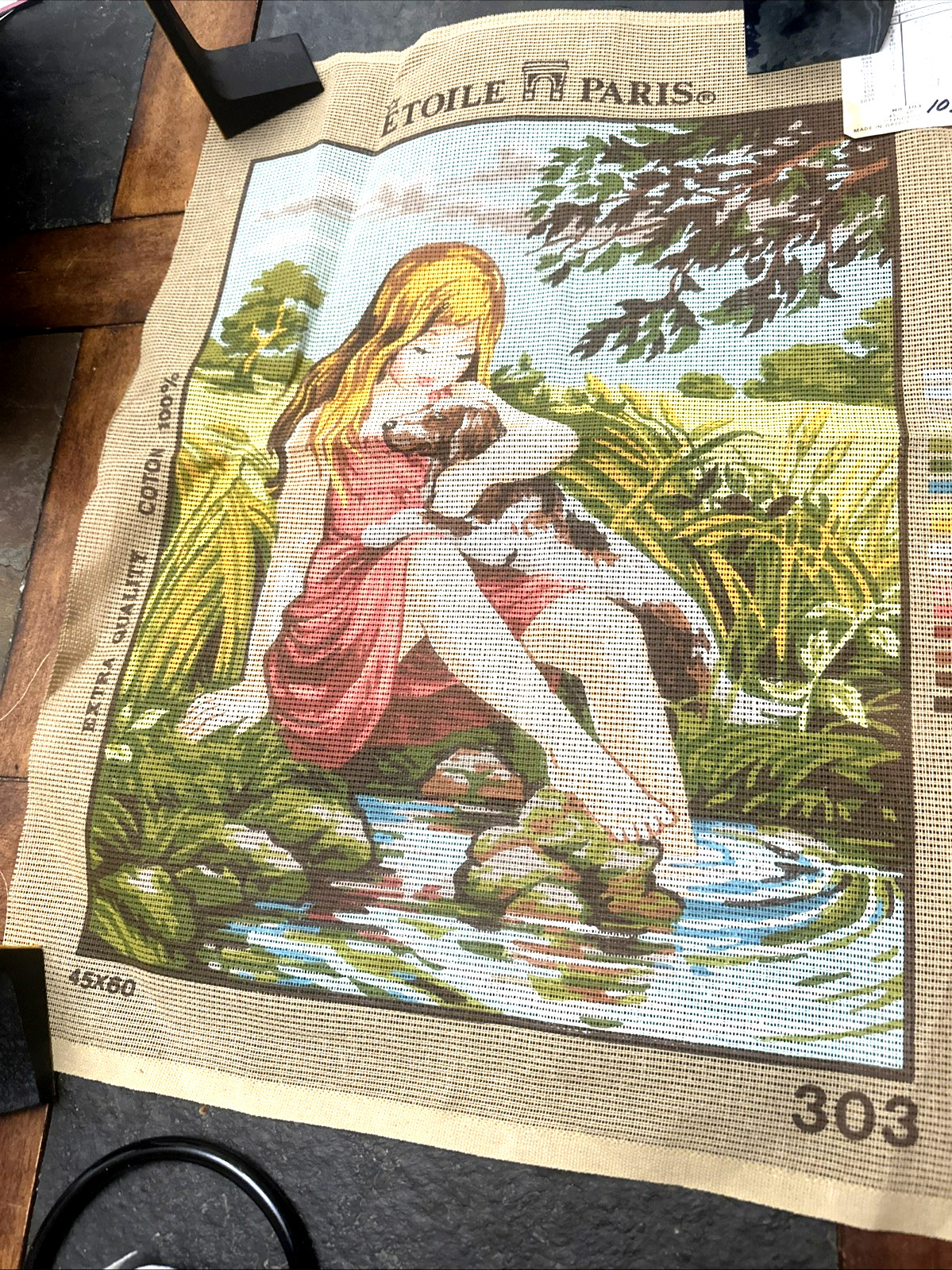 Vintage Etoile Paris Needlepoint Canvas TENDRESSE 18.5" x 14.5" Girl Dog Pond