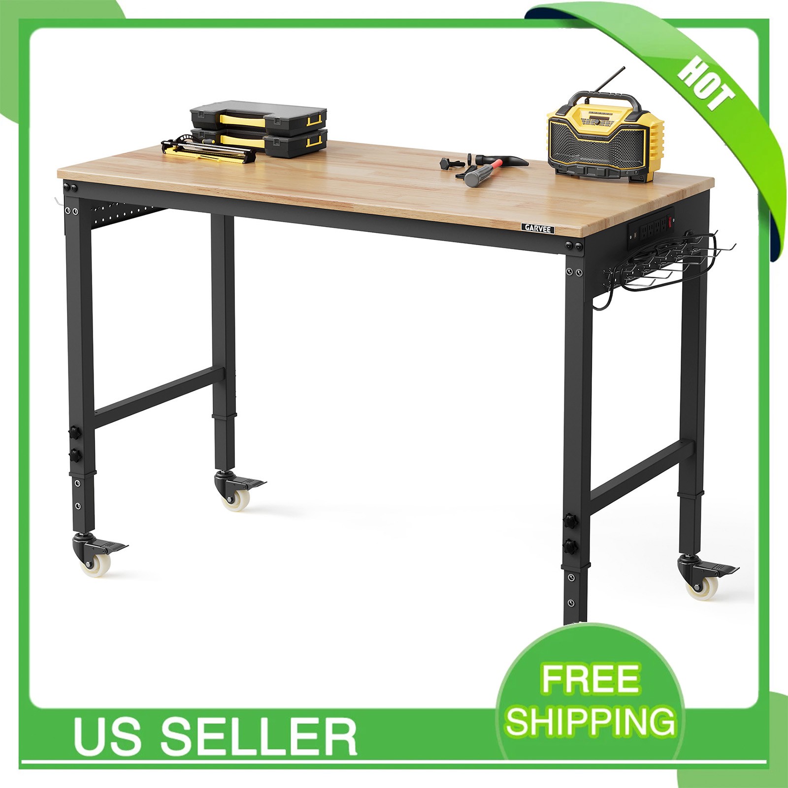 48x24 in Adjustable Work Bench Heavy-Duty Work Table with Power Outlet & Wheels