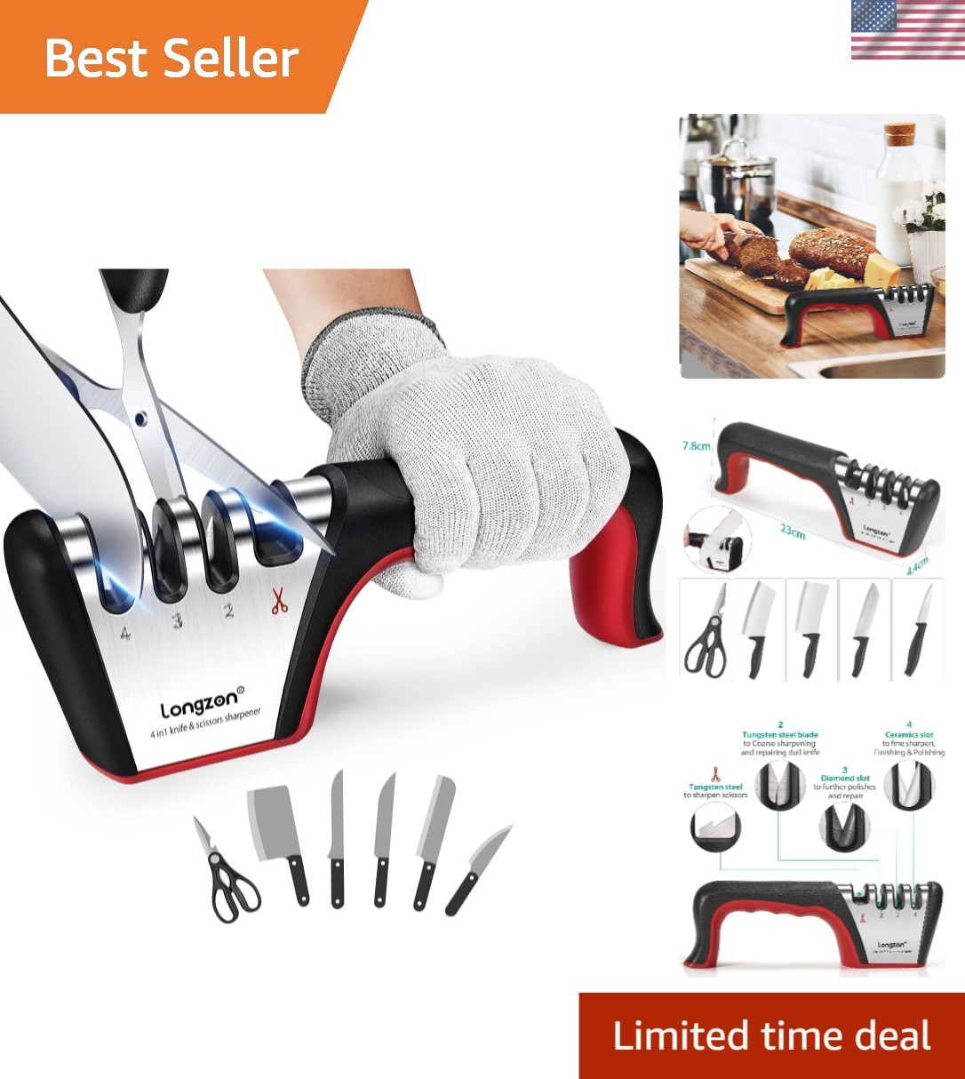 4-in-1 Knife Sharpener [4 Stage] with a Pair of Cut-Resistant Glove,   Polish...