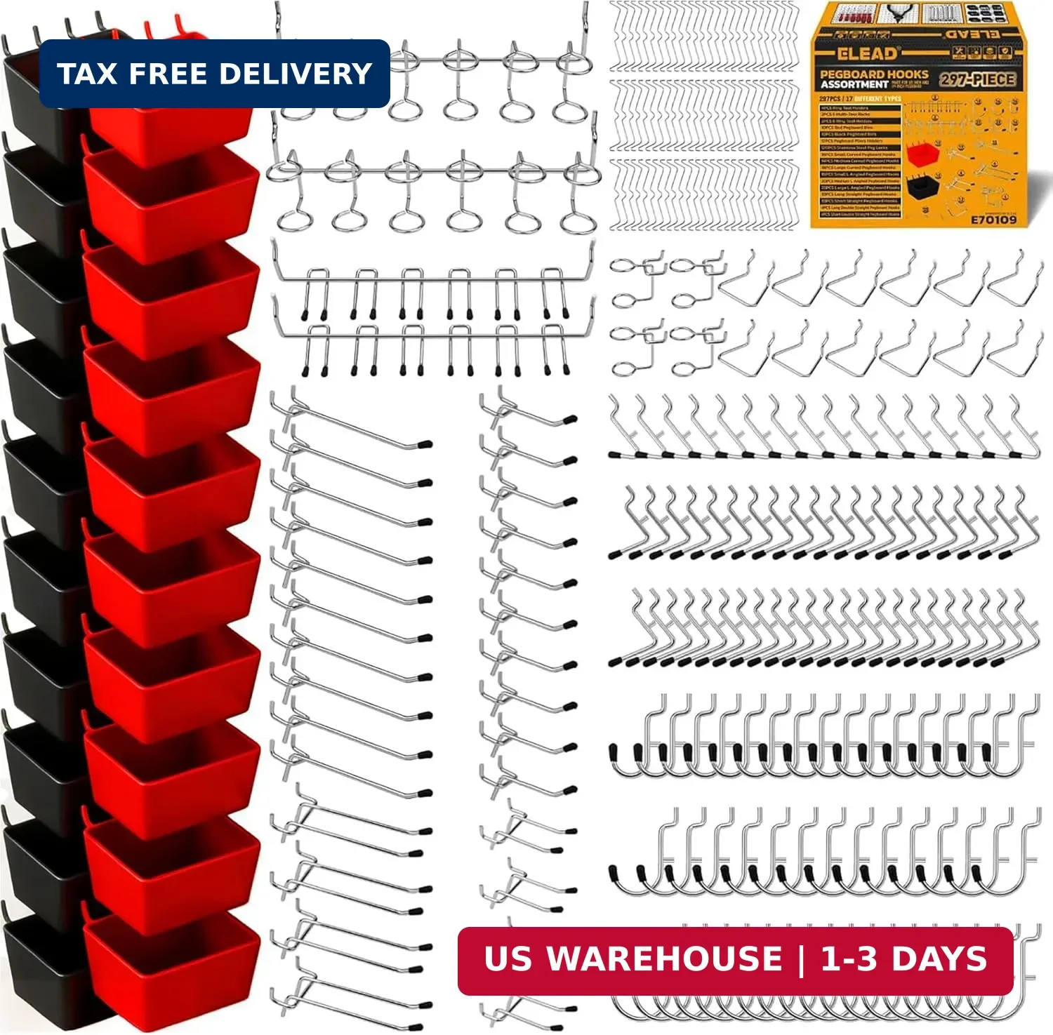 ELEAD 297 Piece Pegboard Hooks Kit, Peg Board Organizer Accessories with Bins fo