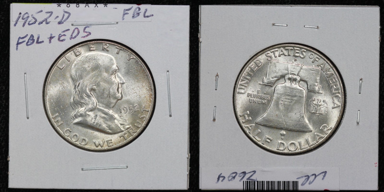 1952-D Franklin Half Dollar Full Bell Lines Early Die State 68AX