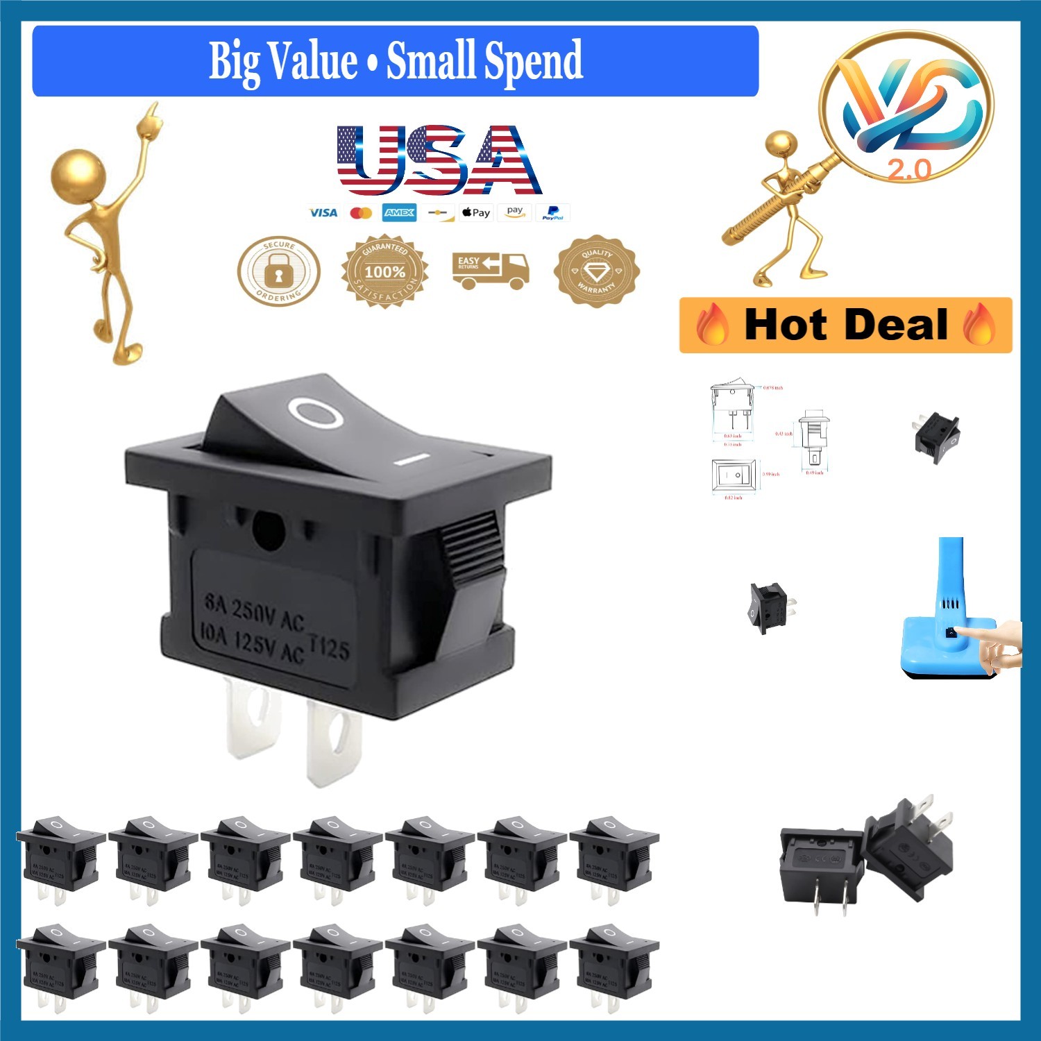 15 Pcs AC 6A 250V SPST On-Off Rocker Switch Car Boat Round 2 Pin Toggle
