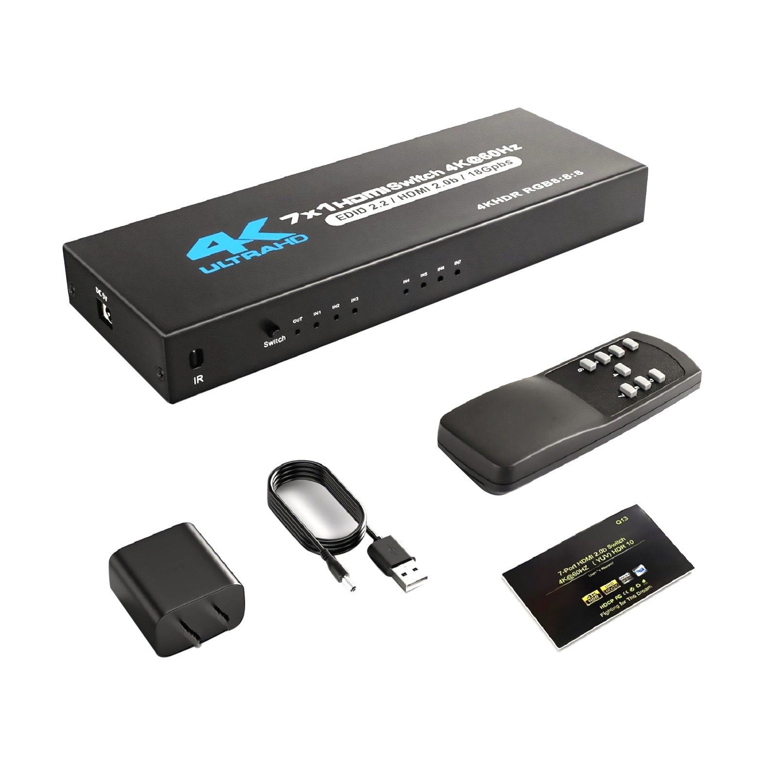7 in 1 out HDMI2.0 Switcher with IR Remote 4K@60Hz HDMI 2.0 7x1 Support HDR