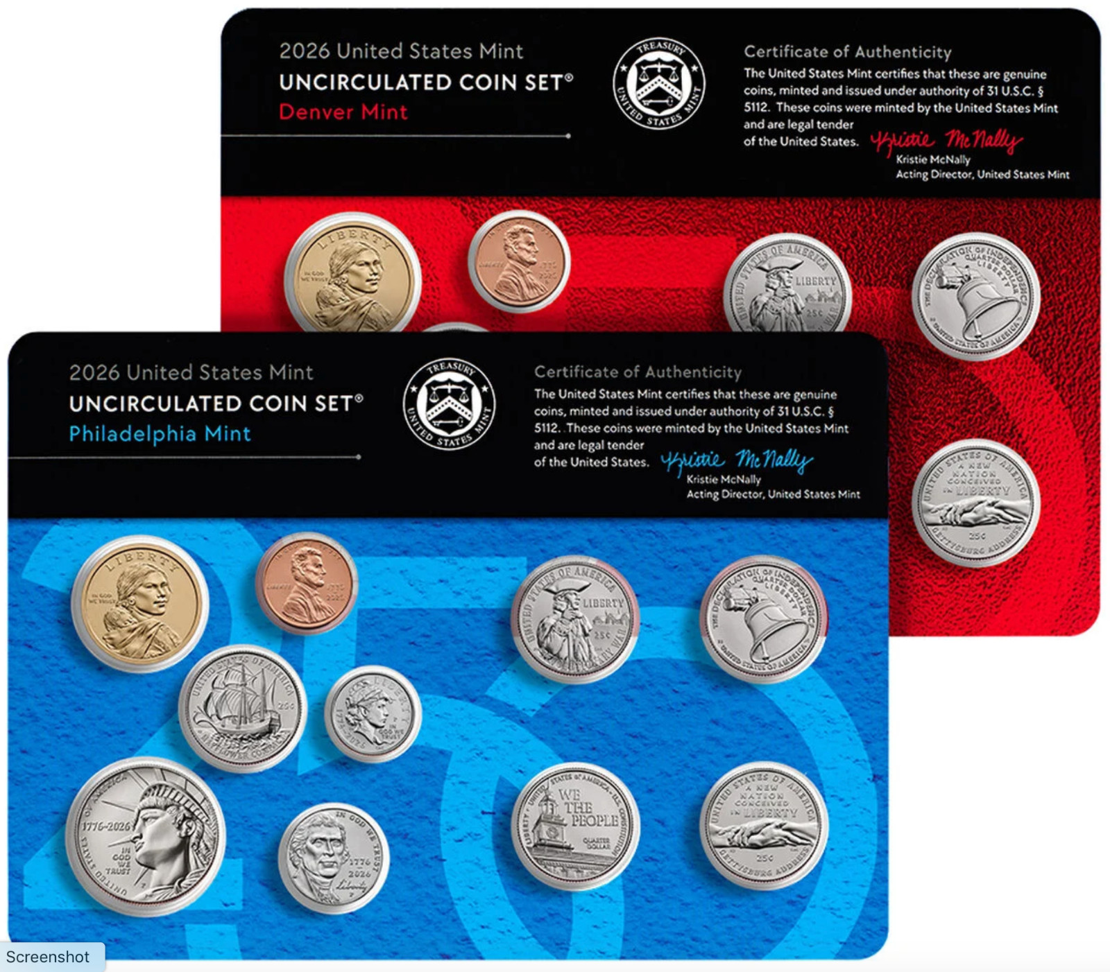 1776 - 2026 250th Anniv US Mint Uncirculated -P and -D 20 Coin Sets