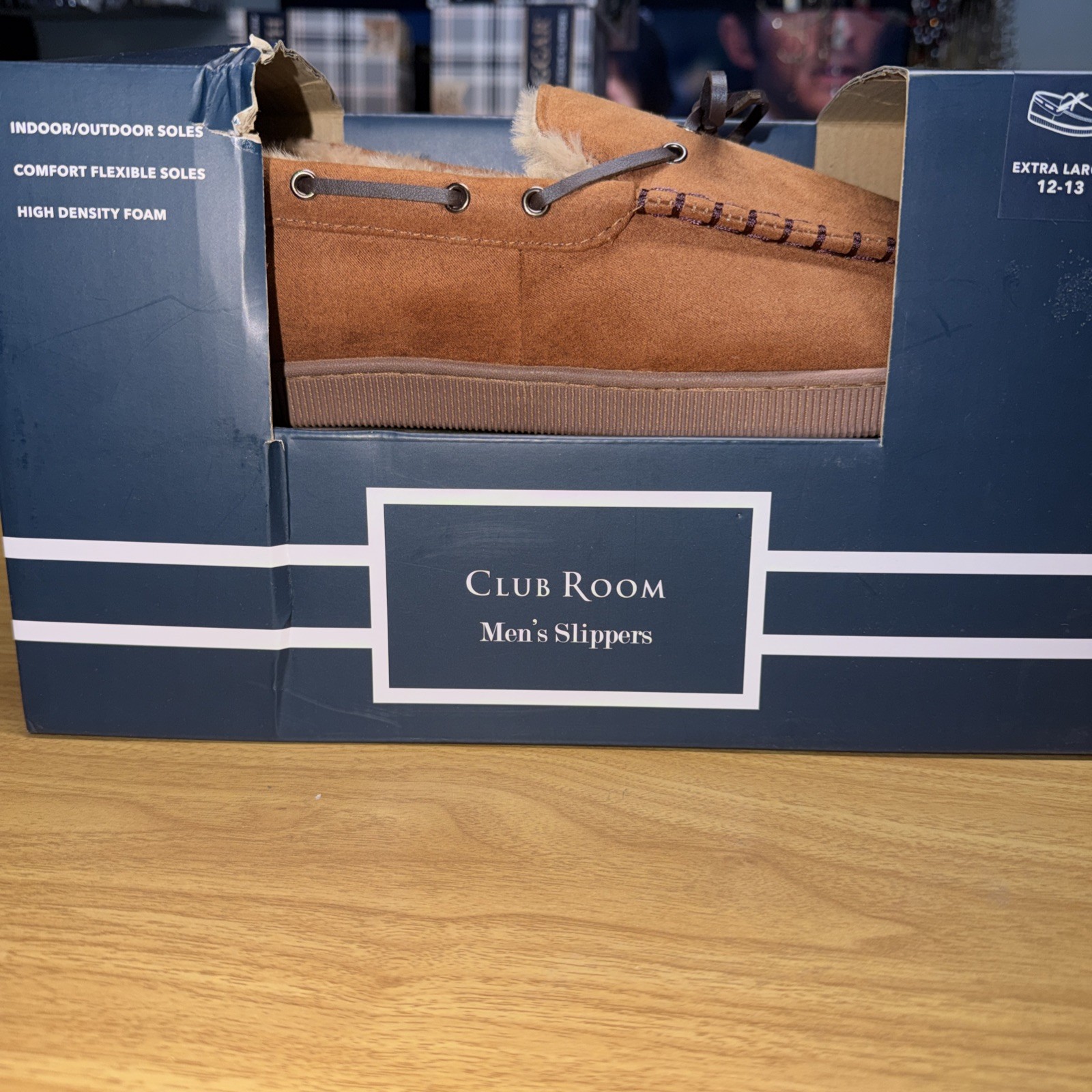 Club Room Men's Faux-Suede Moccasin Slippers with Faux-Fur Lining, Tan, 12-13