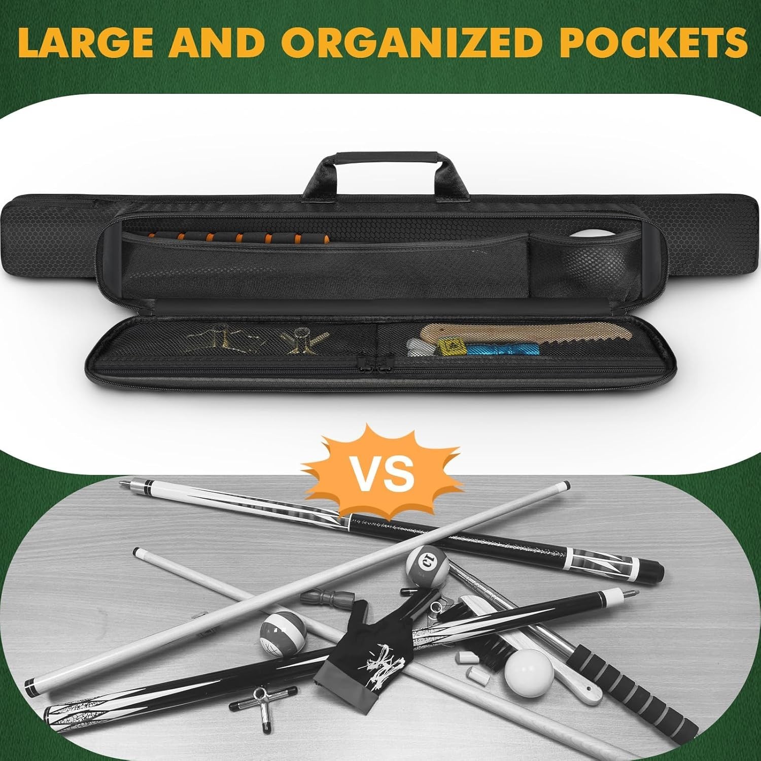 Durable 1x1 Pool Cue Bag - Lightweight Polyester Case with Organizing Pockets
