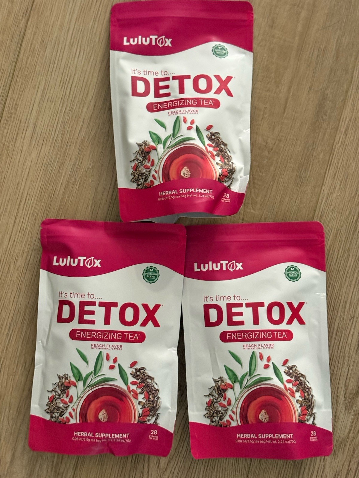 3x Lulutox Detox Energizing Tea Peach Flavor 28  Tea Bags Each Bag (Total Of 84)