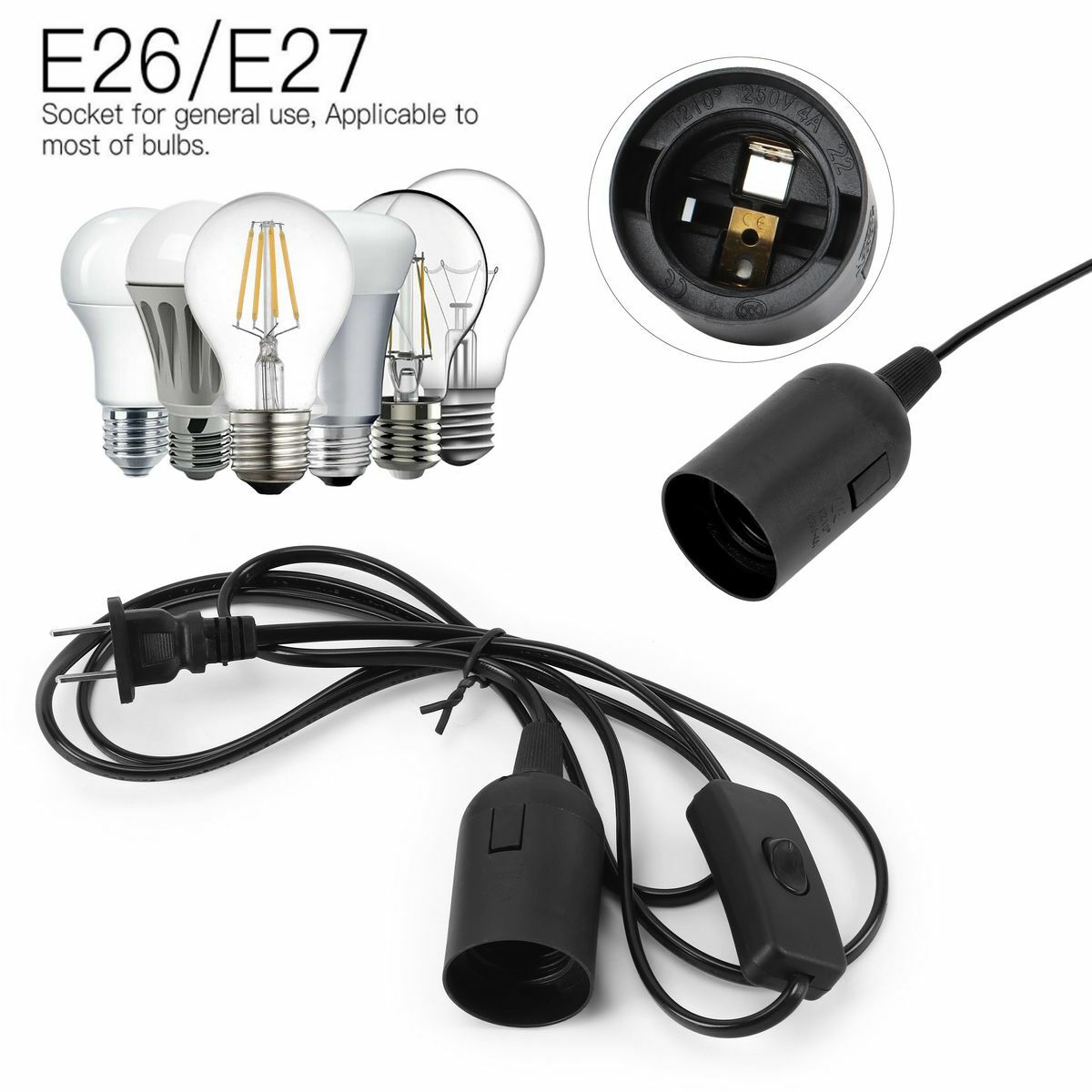 E26 E27 Light Bulb Socket to AC Wall Outlet Plug Adapter On/Off Switch 6 FT Cord