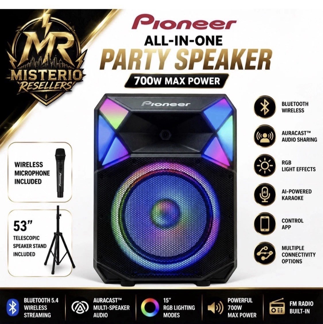 Pioneer PSX615 700W 15" Bluetooth Party Speaker RGB LED Auracast Mic & Stand