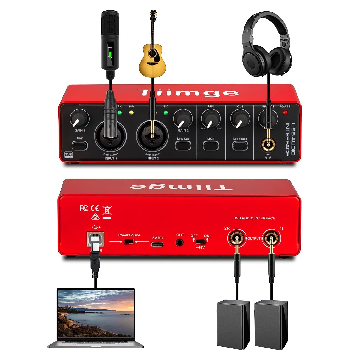 2x2 USB Audio Interface 48V Phantom Power 24Bit 192kHz High Fidelity for PC