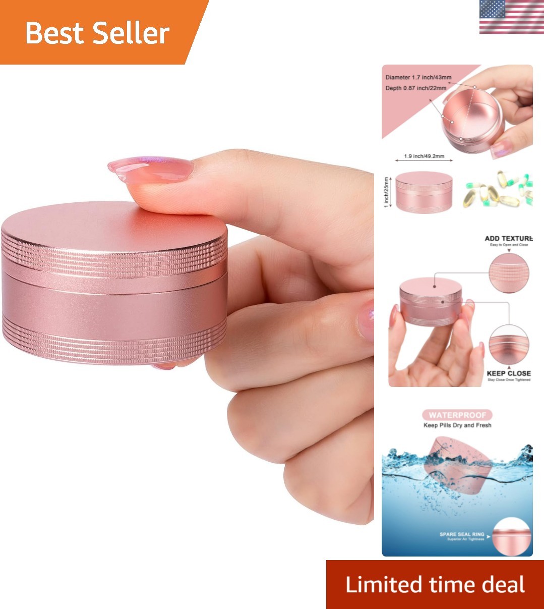 Elegant Pink Waterproof Pill Box - Portable Anodized Aluminum Medicine Organizer