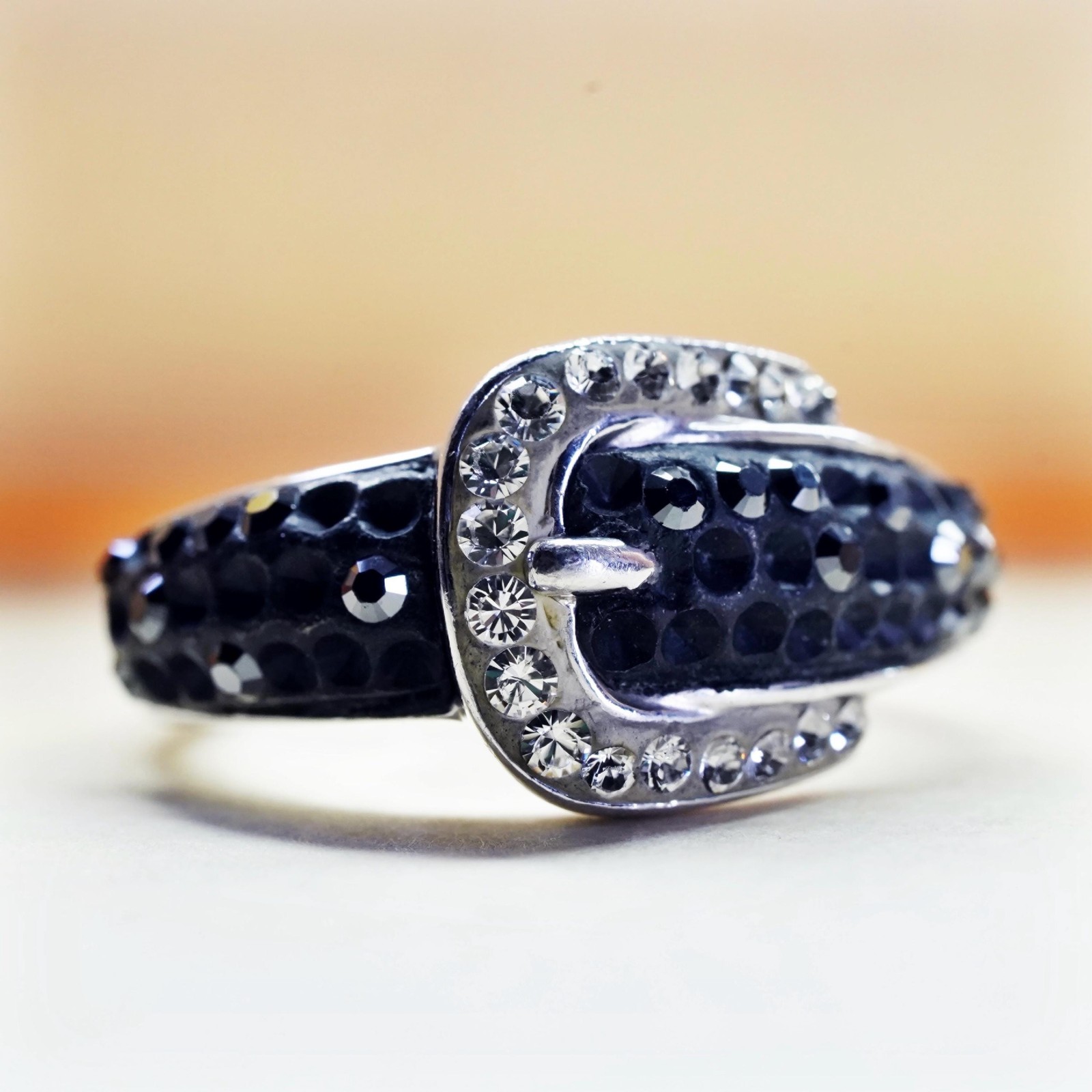 Size 8, Signed AU two tone Sterling silver 925 silver belt ring with cluster cz