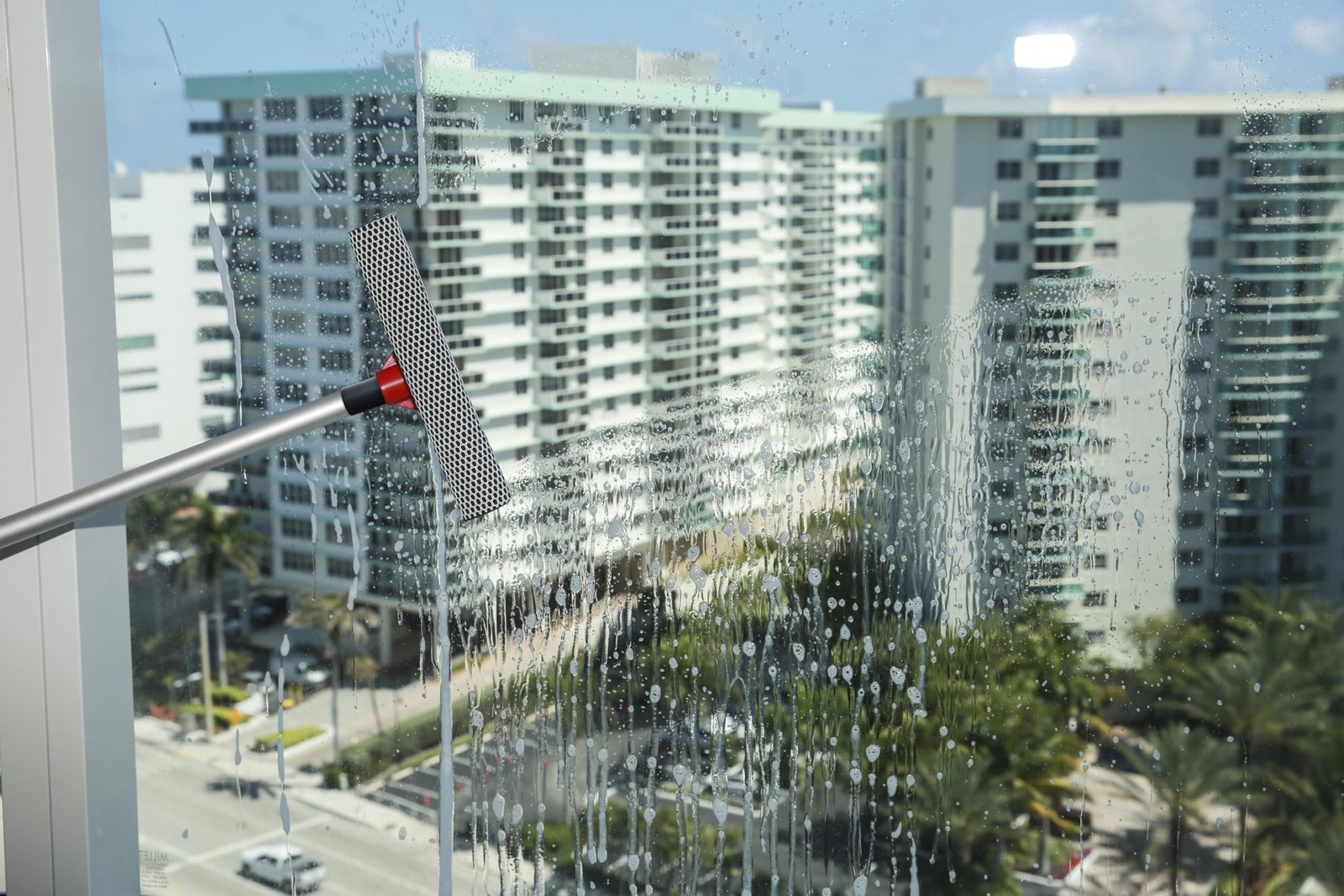 Window Squeegee Cleaner 2-in-1 with Long Handle 18-30" Extension Pole Red