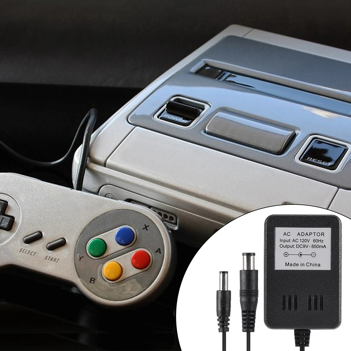 AV RCA Audio+AC Cable Power Supply Adapter Cord For Super Nintendo SNES Game Set