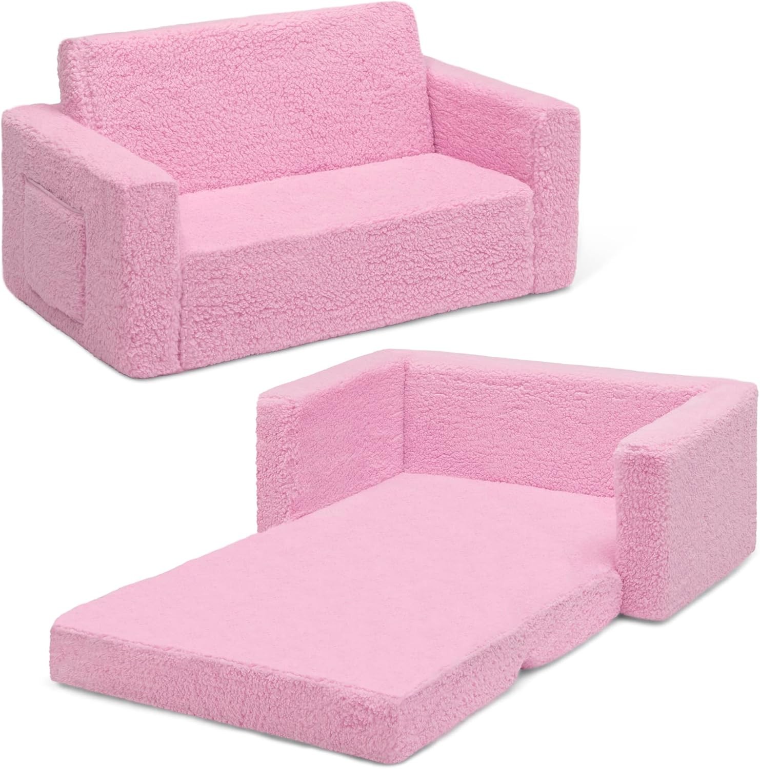 Cozee Flip-Out Sherpa 2-in-1 Convertible Sofa to Lounger Kids Pink