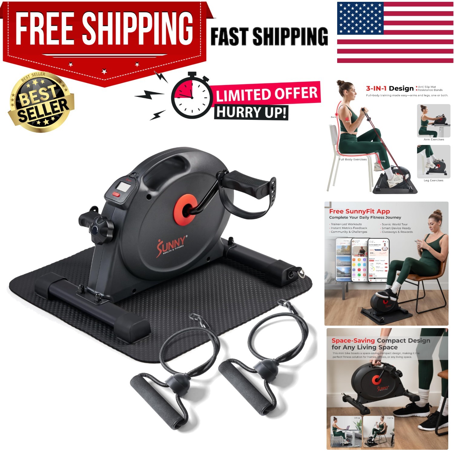 Low-Impact Cardio Cycling Machine for Home/Office - Includes Workout Bands