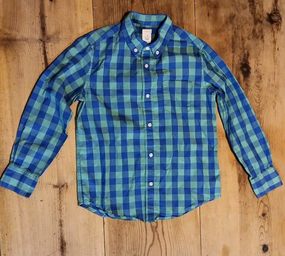Crewcuts Boys 10 Oxford Shirt Button Up Green Blue Check Cotton Spring