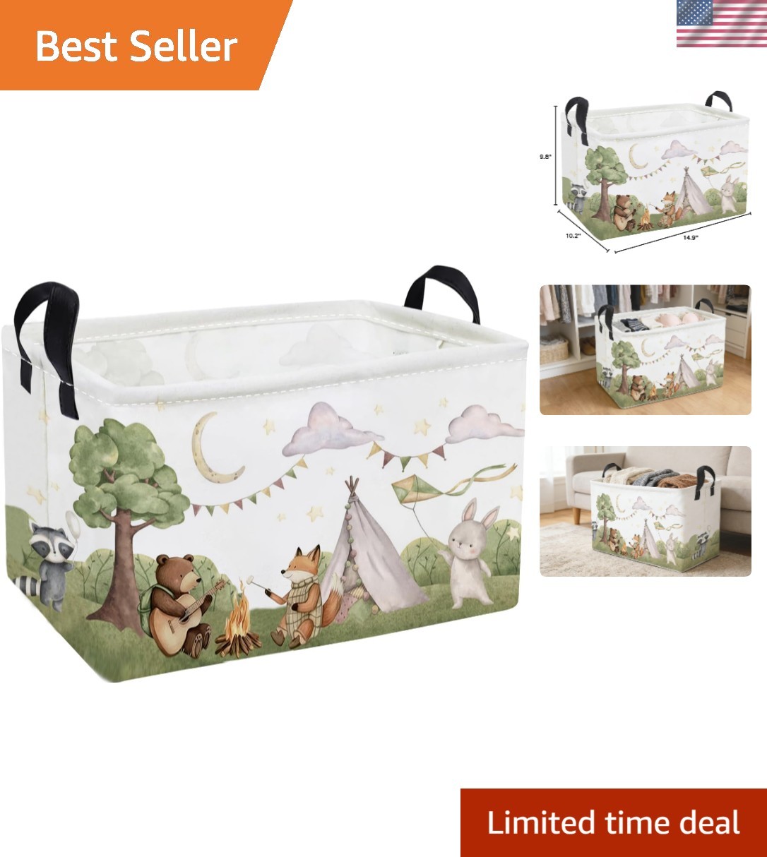 Durable Kids Storage Basket - 14.9'' Animal Print Organizer with Handles