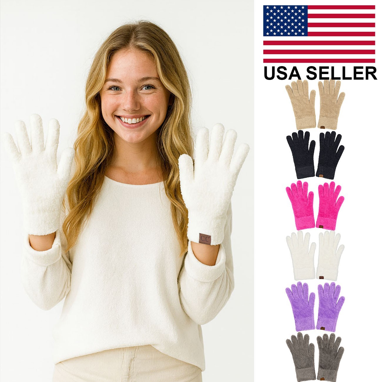 C.C Exclusive Women's Winter Solid Color Classic Plush Terry Chenille Gloves